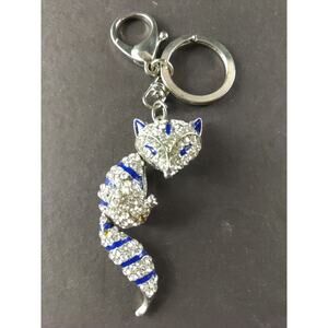 Fox Royal Blue And White Rhinestone Articulated Head Keychain Purse Clip Charm
